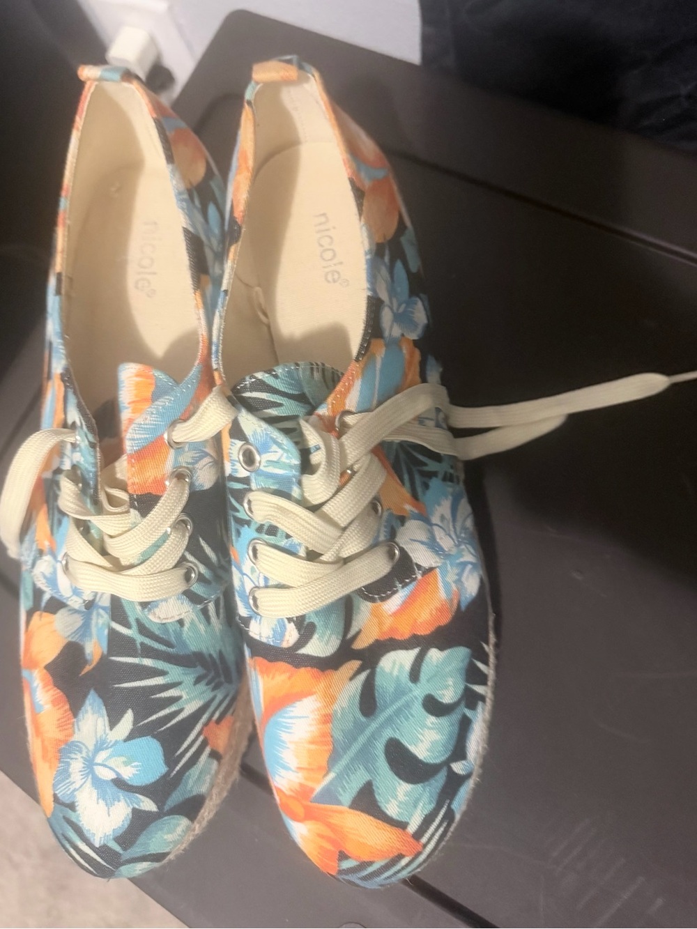 Nicole Floral Lace-Up Espadrille Sneakers in Blue & Orange
